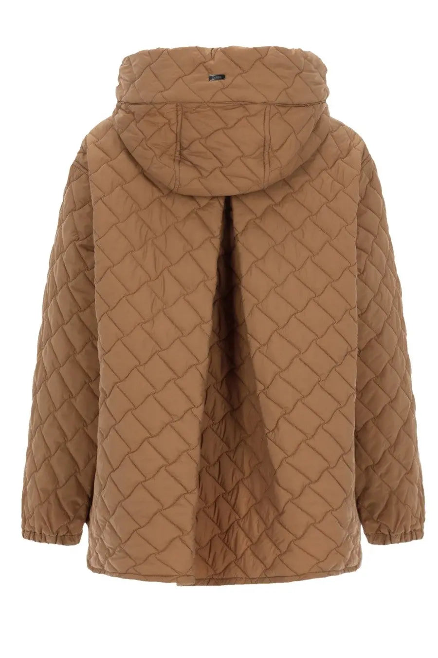 Herno women’s tan quilted jacket with diamond-stitched pattern and hood in lightweight insulated material