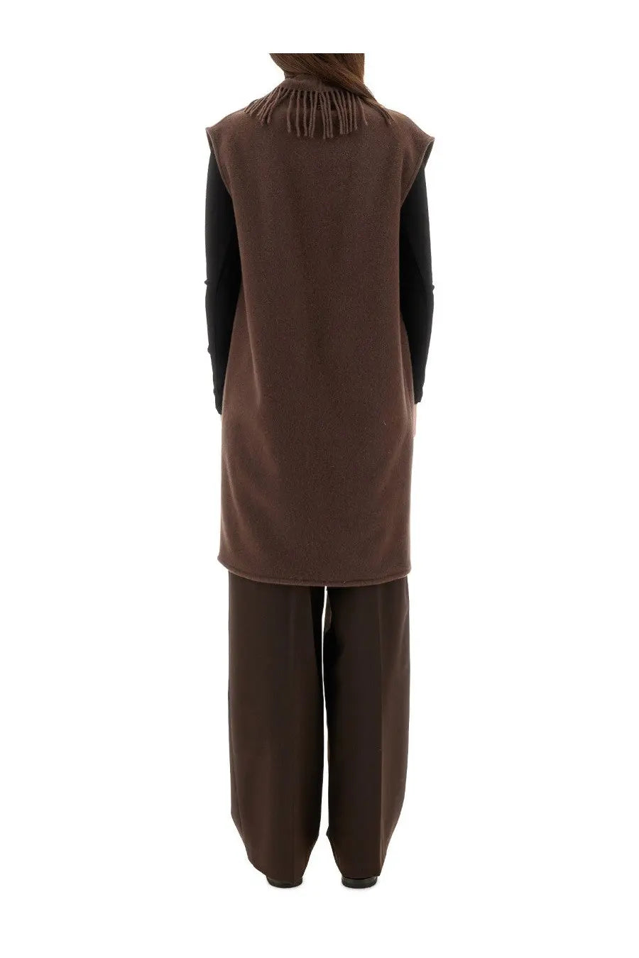 Brown herno women resort sleeveless vest with fringe detailing made of warmy ultralight nylon