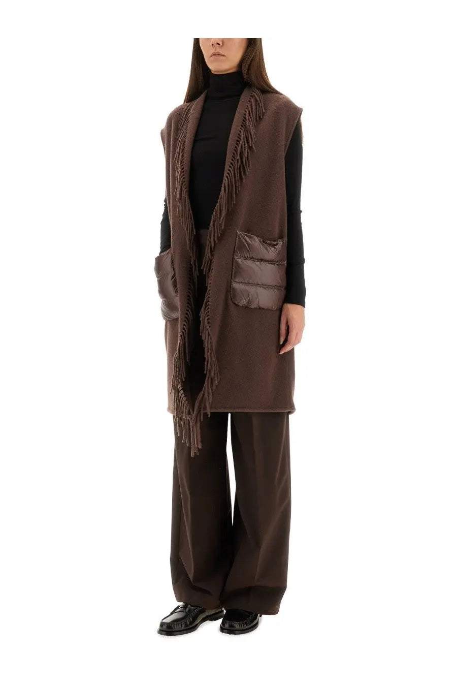 Herno womens brown fringed vest with quilted pockets made of warmy and ultralight nylon soft textured fabric