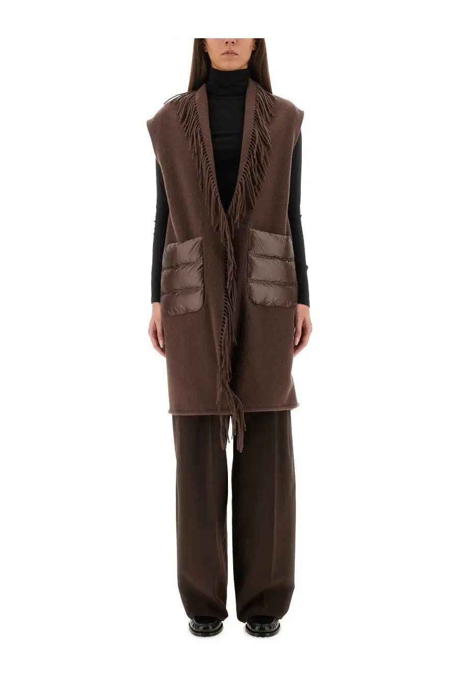 Herno women’s brown fringed vest made of warmy ultralight nylon with quilted pockets and soft plush texture