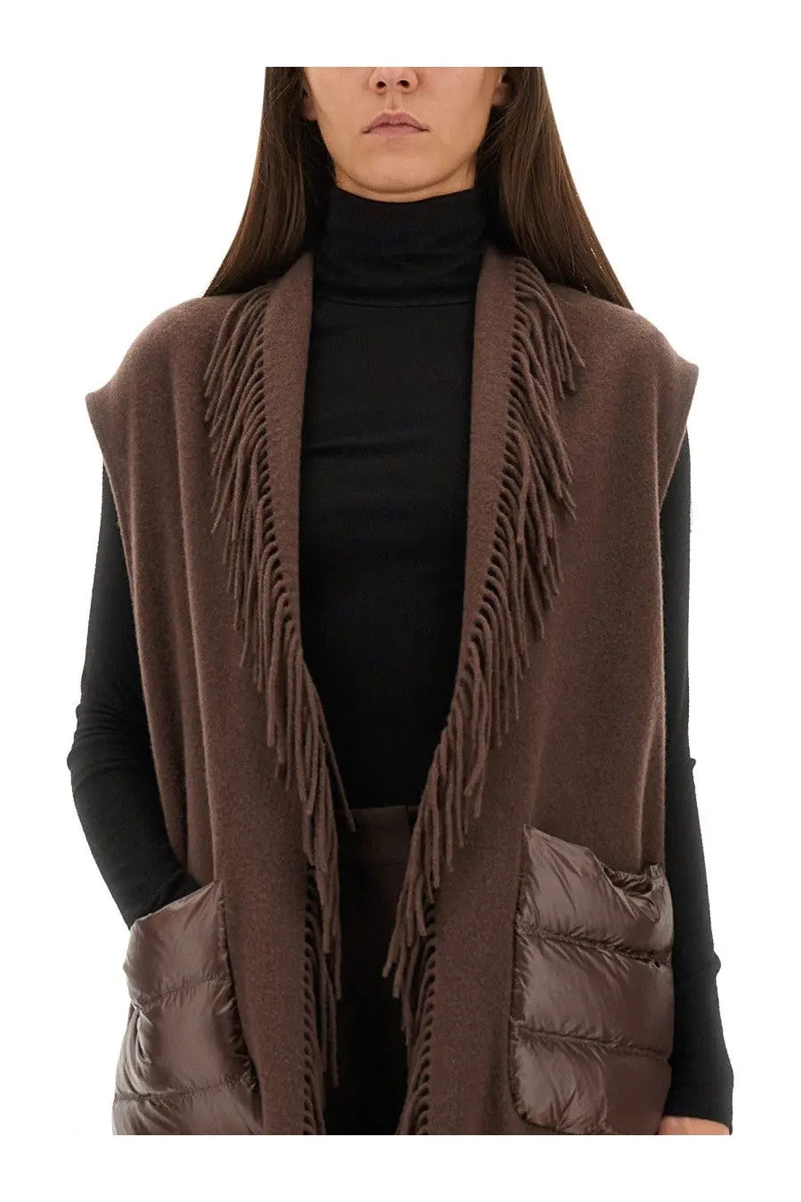 Brown woolen vest with fringe detailing and quilted pockets made of warmy ultralight nylon for women by herno
