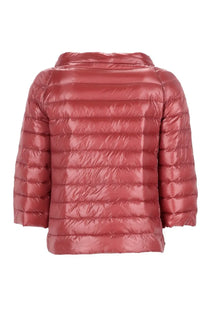A shiny rose gold quilted puffer jacket with hood in herno women’s reversible padded coat blue collection