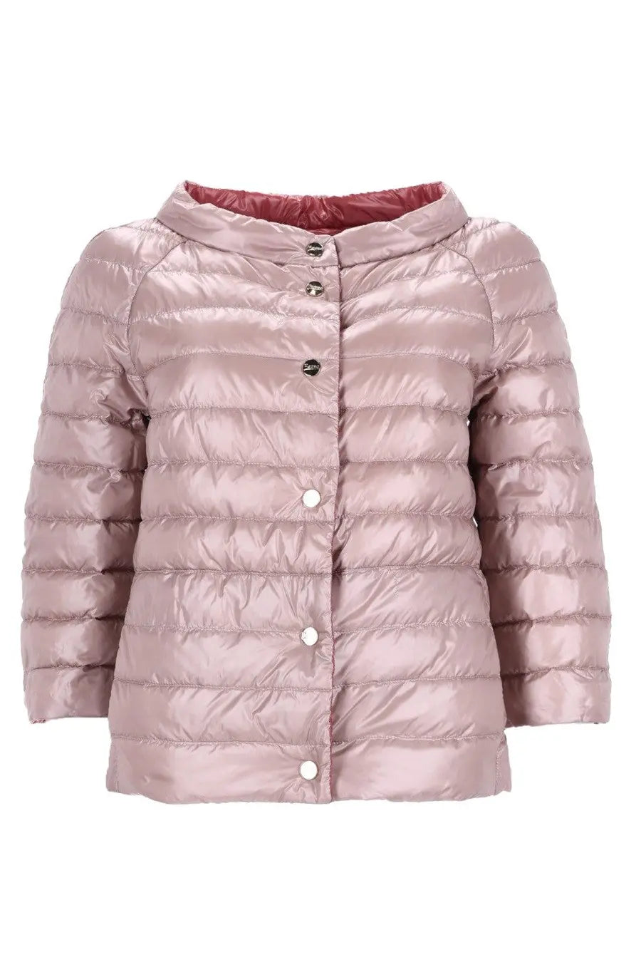 Herno women’s reversible padded coat in blue with a sleek rose-gold quilted puffer jacket side and satin finish