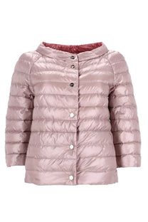 Herno women’s reversible padded coat in blue with a sleek rose-gold quilted puffer jacket side and satin finish
