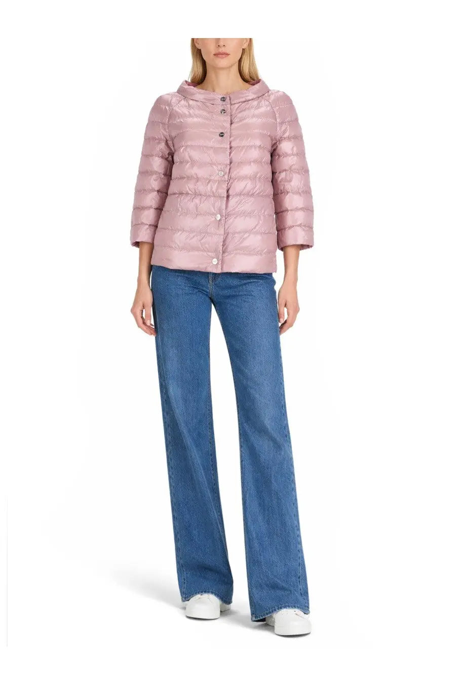 A soft pink quilted puffer jacket with hood and button closure in herno womens reversible padded coat blue product