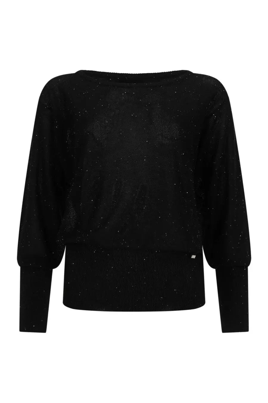 Herno women’s sequined shirt in black knit with sparkly fabric wide slightly puffed sleeves and ribbed hem