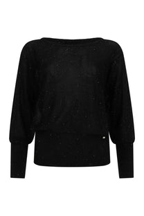 Herno women’s sequined shirt in black knit with sparkly fabric wide slightly puffed sleeves and ribbed hem