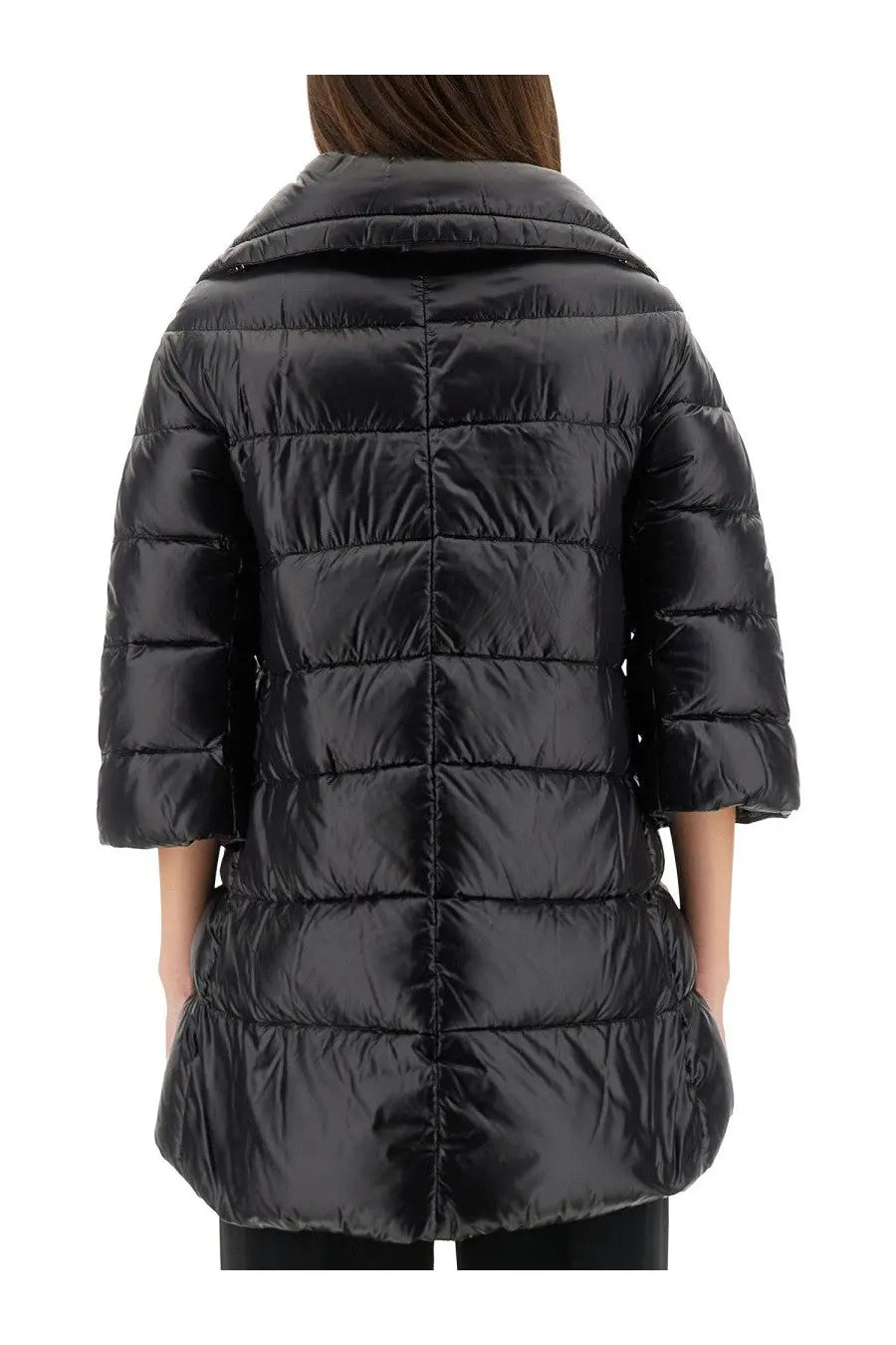 Herno women’s shape cleofe jacket black quilted puffer coat with glossy finish and three quarter sleeves