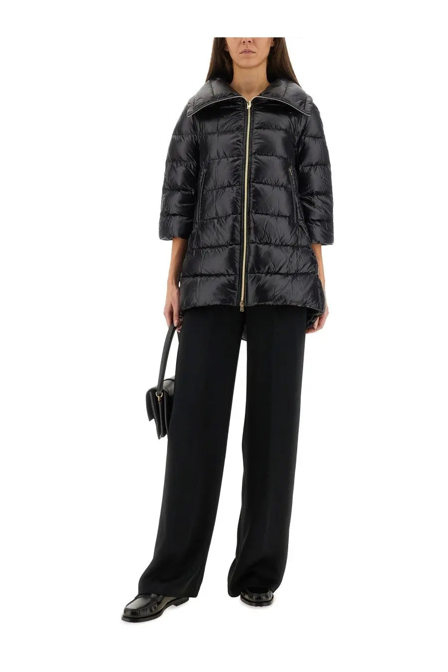 Herno women’s shape cleofe black quilted puffer coat with gold zipper and stand-up collar