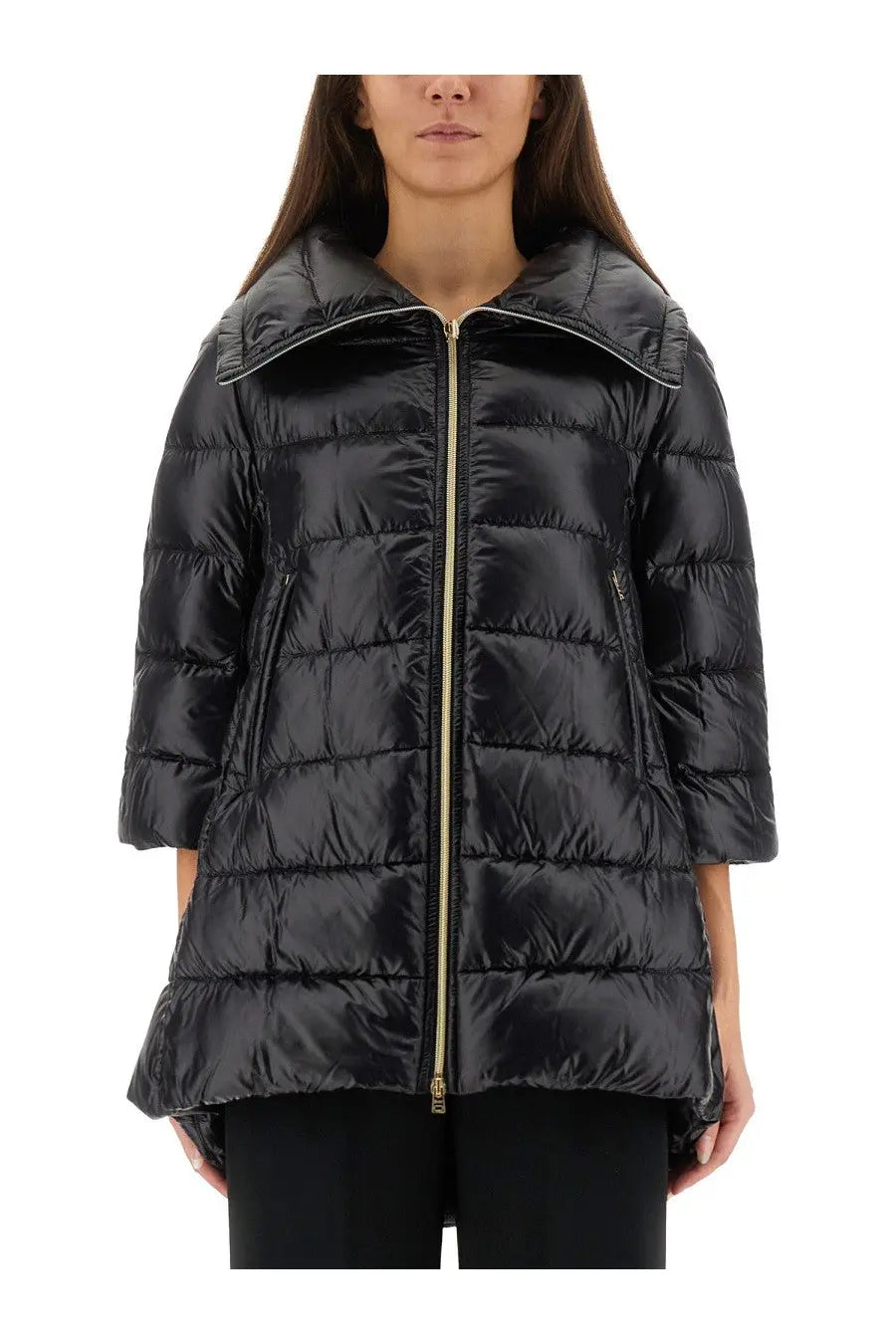 Herno women’s shape cleofe black quilted puffer jacket with high collar and gold tone zipper in front view
