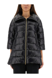 Herno women’s shape cleofe black quilted puffer jacket with high collar and gold tone zipper in front view