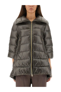 Herno women’s shape cleofe jacket black sleek dark gray quilted puffer jacket with wide hood and gold-tone zipper