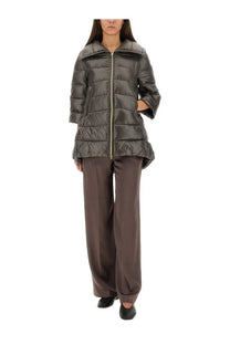 Herno women’s shape Cleofe jacket black sleek dark gray quilted puffer with high collar and gold-toned zipper