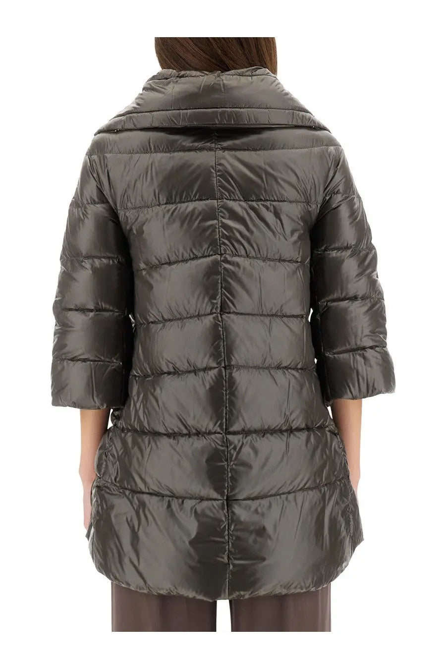 Herno women’s shape cleofe jacket black in sleek dark olive green quilted down with high collar and three-quarter sleeves