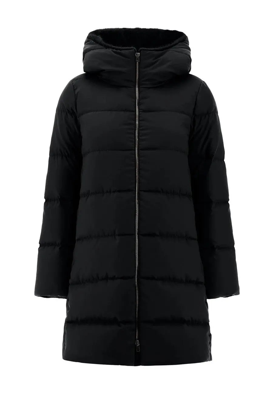 Herno women’s black quilted hooded puffer coat with central zipper and padded sleeves for cold weather