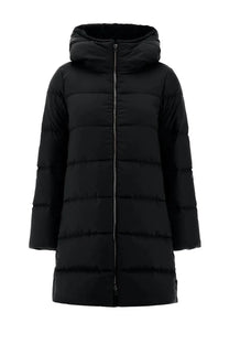Herno women’s black quilted hooded puffer coat with central zipper and padded sleeves for cold weather