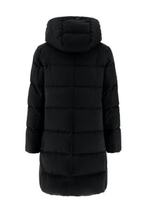 Herno women’s shape coat black quilted hooded winter coat with sleek modern design for cold weather use