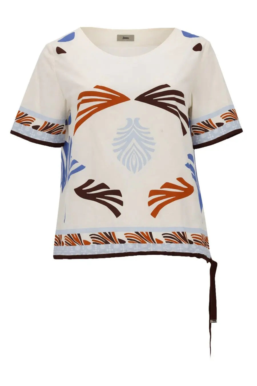Herno women’s cream short-sleeved summer shirt with bold orange brown and light blue geometric leaf pattern