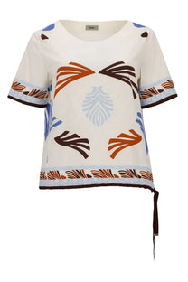 Herno women’s cream short-sleeved summer shirt with bold orange brown and light blue geometric leaf pattern