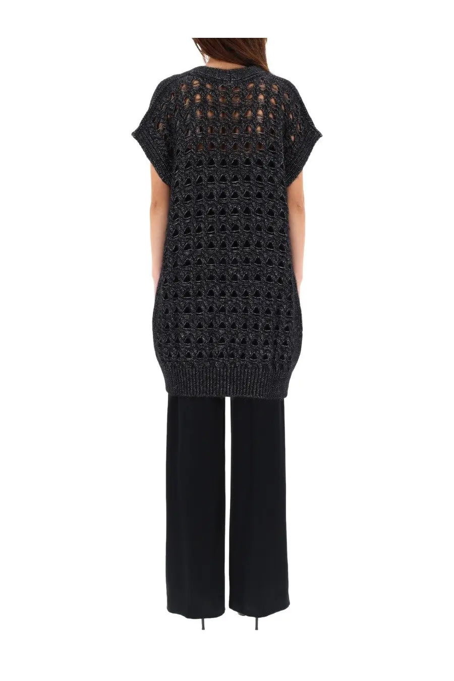 Herno women’s vest black knitted openwork short sleeve sweater with ribbed hem for lightweight layering