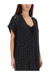 Herno women’s vest black open-front knit cardigan with shimmering textured pattern and short sleeves
