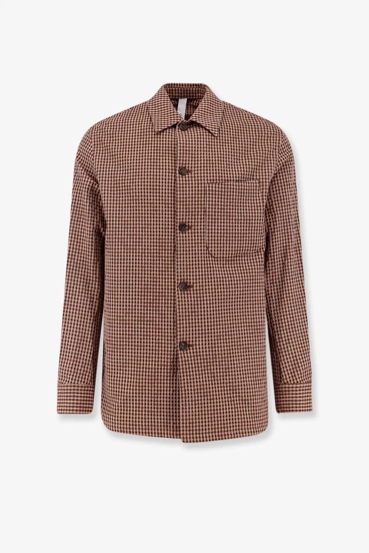 Hevò men’s bari cotton blend shirt jacket in beige with brown and beige checkered pattern and classic collar
