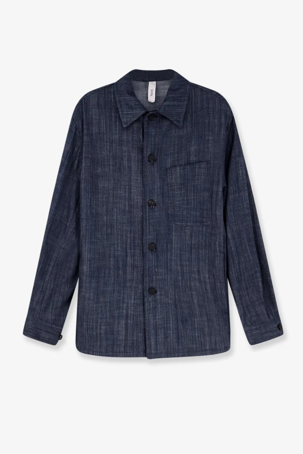 Hevò men’s Bari denim shirt jacket in dark blue with subtle textured weave and black buttons