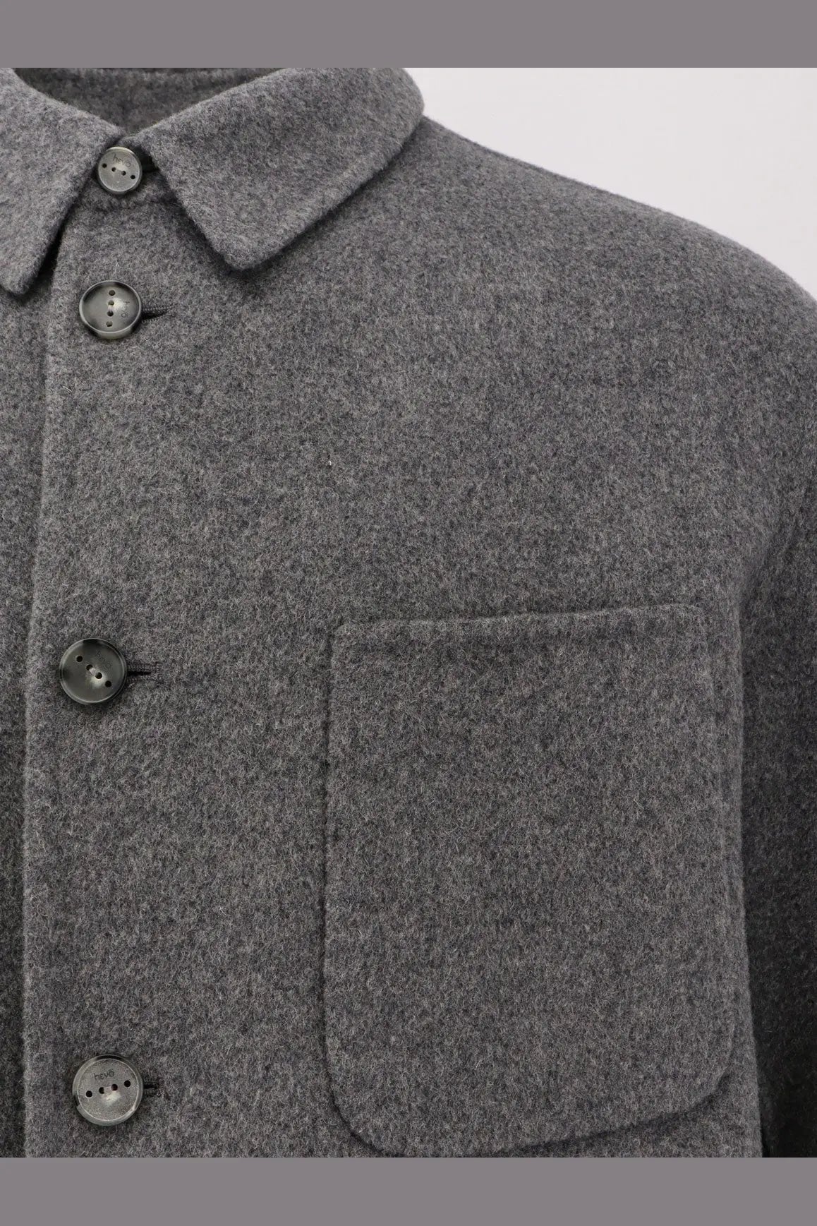 Hevò men’s bari wool coat grey featuring a gray woolen fabric classic collar and matching dark gray buttons