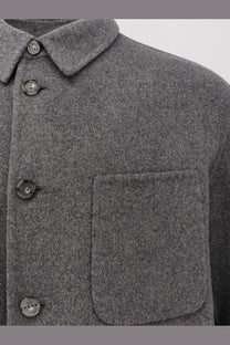 Hevò men’s bari wool coat grey featuring a gray woolen fabric classic collar and matching dark gray buttons