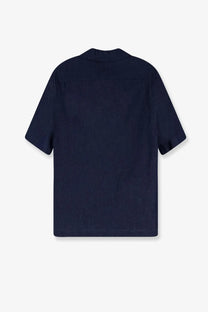 Hevò men’s blue denim shirt in navy blue with short sleeves collar buttons and subtle stitching details