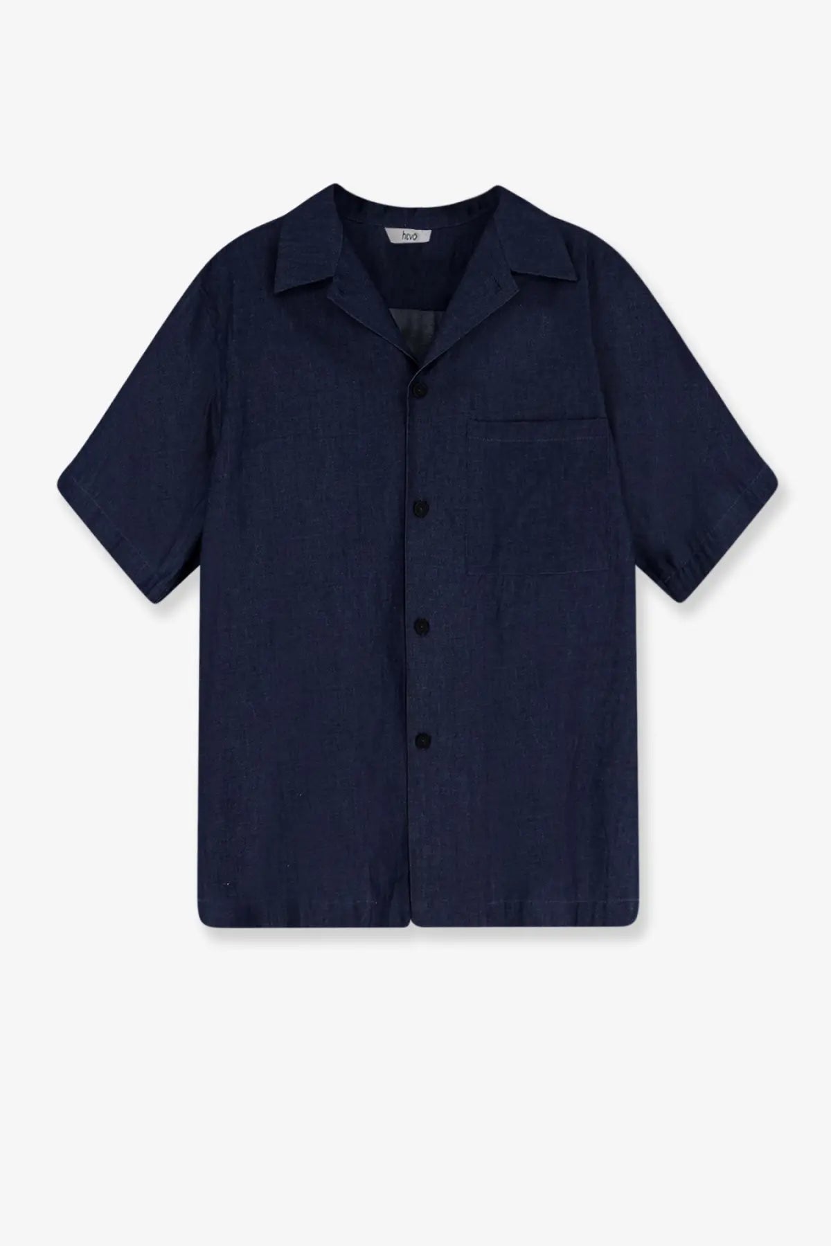 Hevò men’s blue denim shirt in navy blue with short sleeves collar button-up and chest pocket