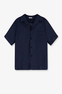Hevò men’s blue denim shirt in navy blue with short sleeves collar button-up and chest pocket