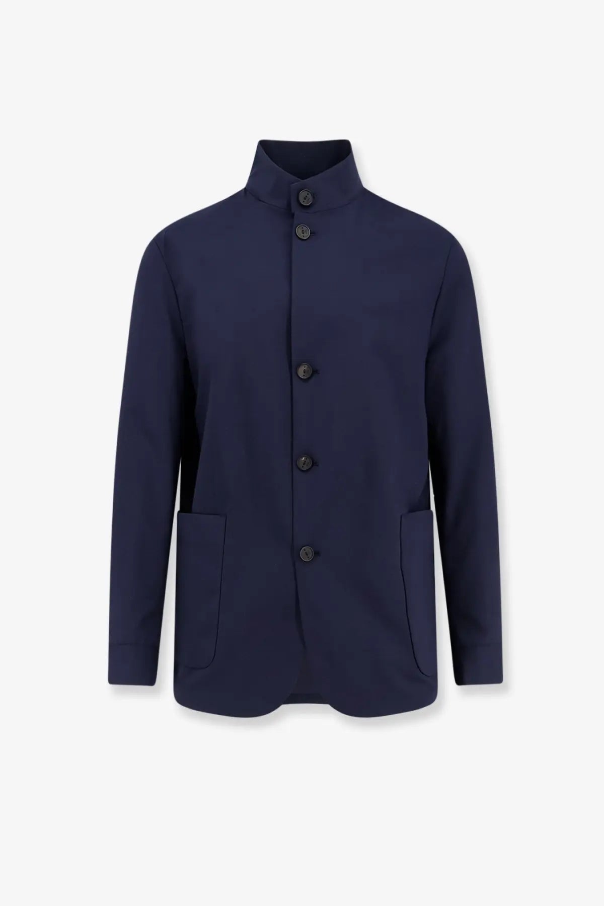 Hevò men’s casalvecchio navy blue wool blend blazer with stand collar dark buttons and two front pockets