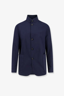 Hevò men’s casalvecchio navy blue wool blend stand collar blazer with dark buttons and two front pockets