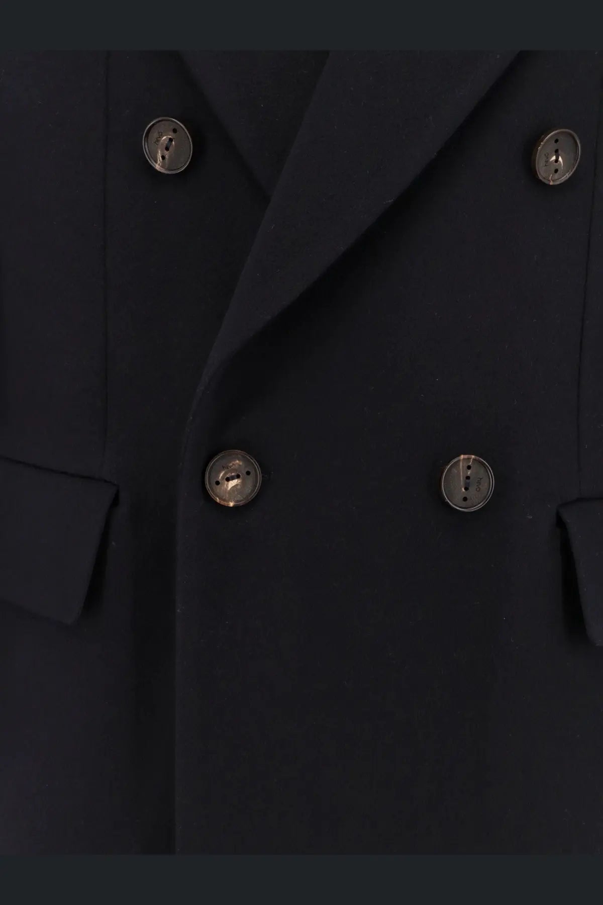 Black double-breasted cashmere coat with silver-toned buttons by hevò men’s collection