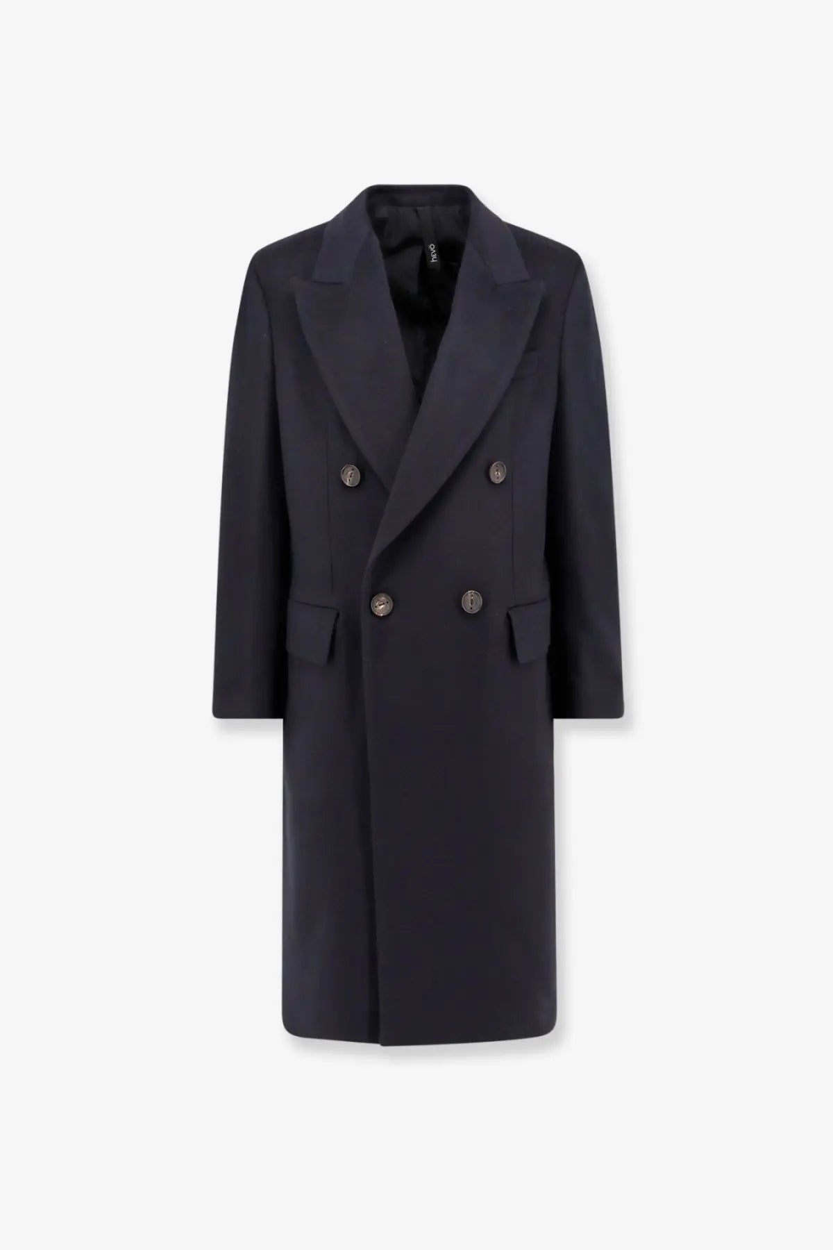 Black double-breasted wool overcoat with silver-toned buttons and notched lapels for hevò men’s cashmere coat blue