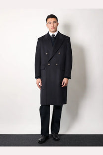 Black double-breasted wool overcoat with silver-toned buttons by hevò men’s cashmere coat blue