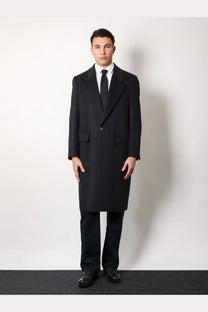 Black wool overcoat with notched lapels and two front flap pockets for men by hevò cashmere coat blue collection