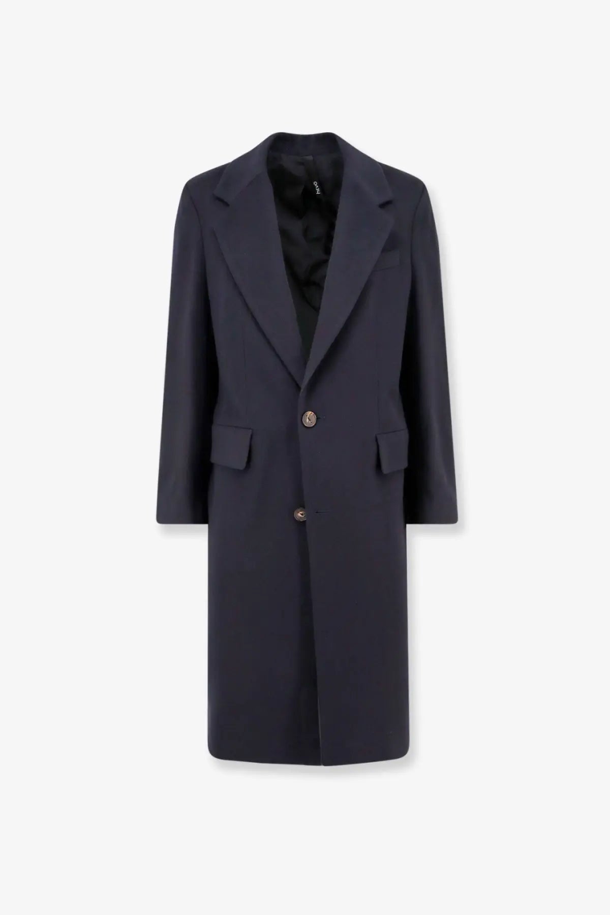 Hevò men’s cashmere coat blue in sleek navy wool with classic double-breasted design and two front pockets