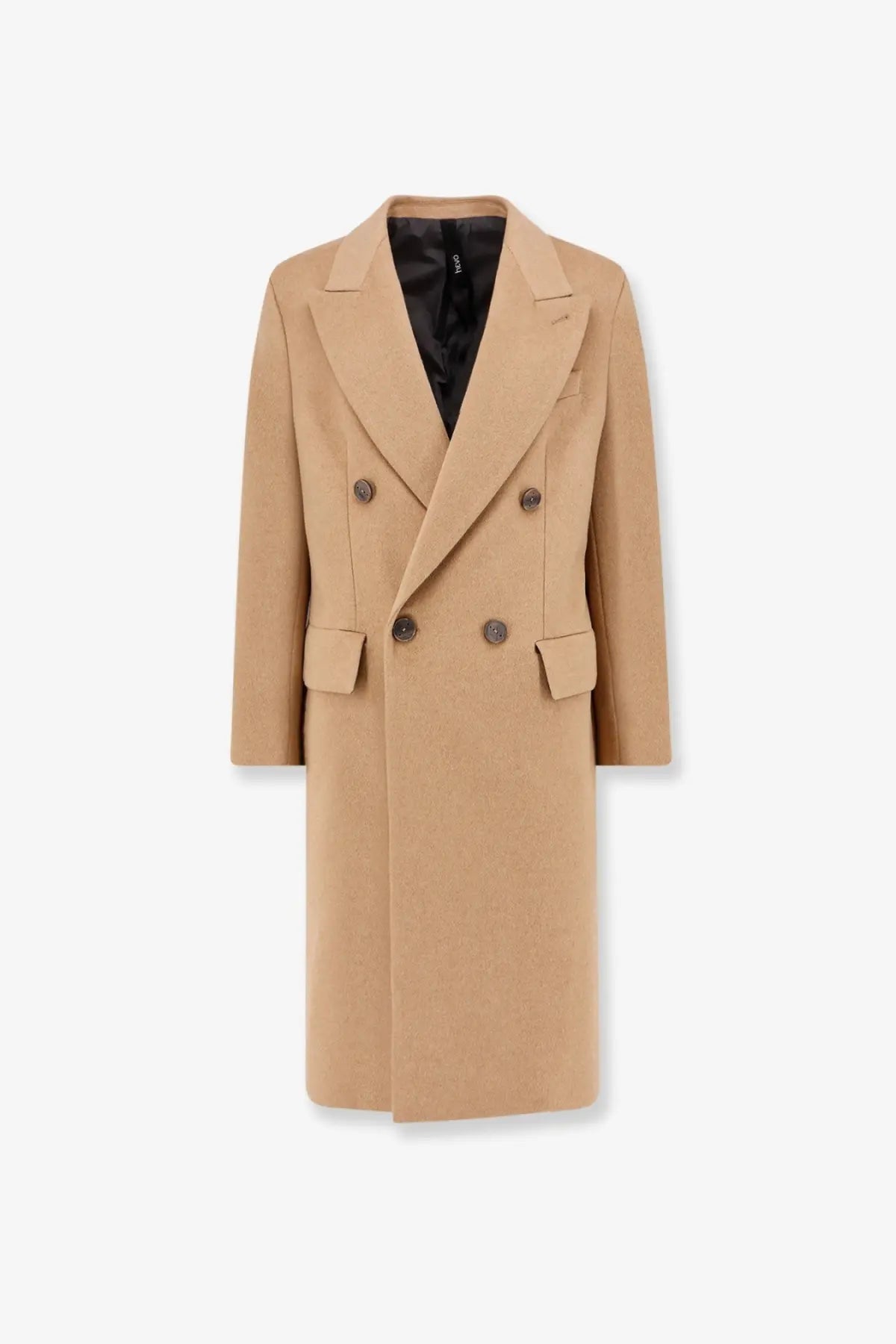 Bevò men’s cashmere beige double-breasted wool coat with dark brown buttons and black satin-lined collar