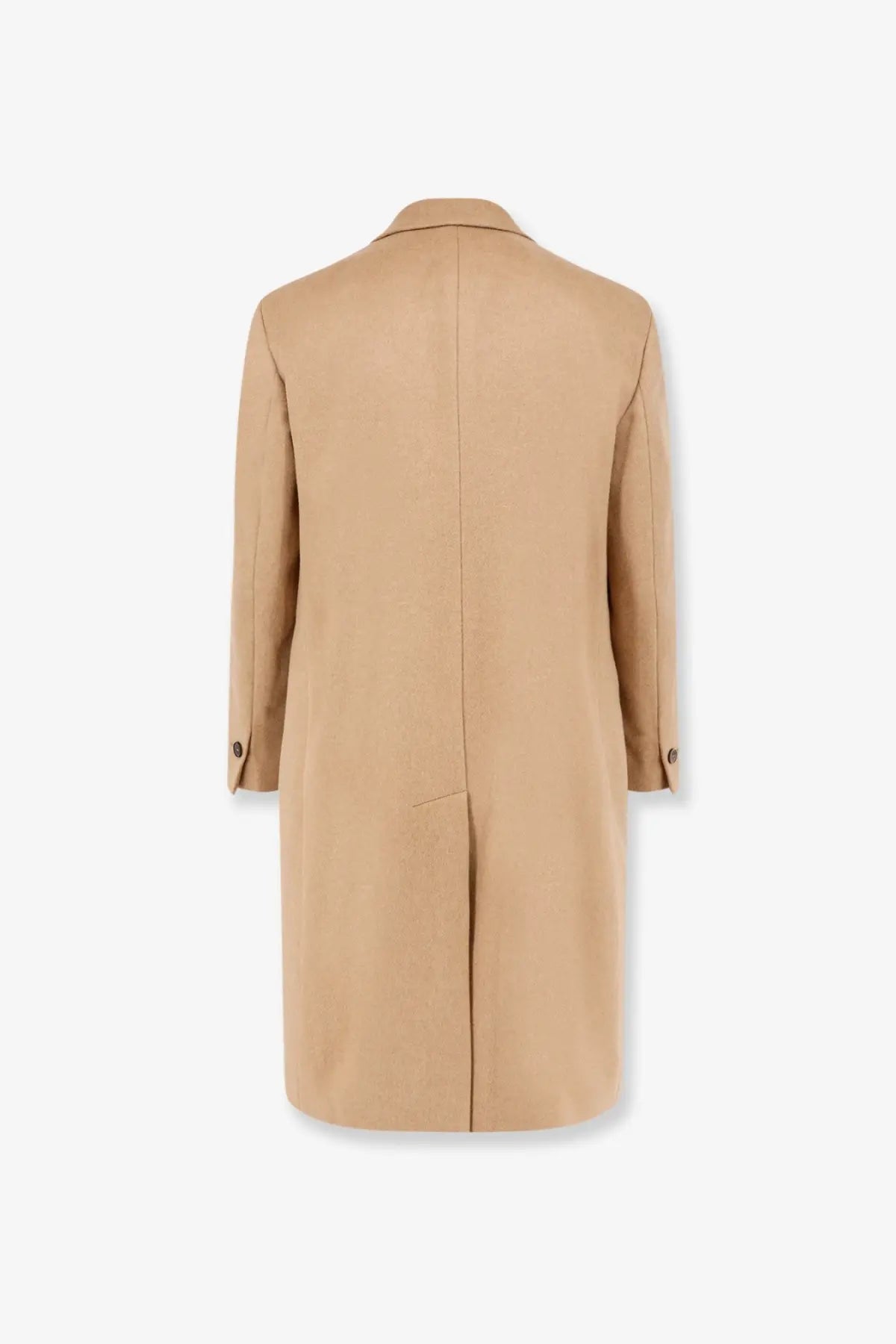 Bevò men’s brown cashmere coat back view beige trench coat with classic collar buttoned cuffs and central seam