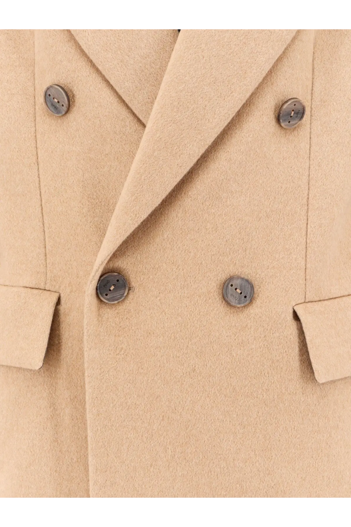 Hevò men’s cashmere coat beige wool double-breasted with dark gray metal buttons in a classic brown tone