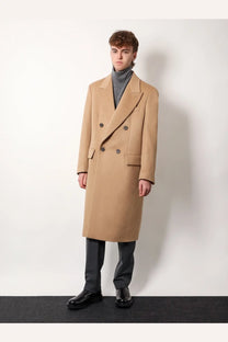 Hevò men’s camel-colored double-breasted cashmere wool overcoat with dark buttons and flap pockets