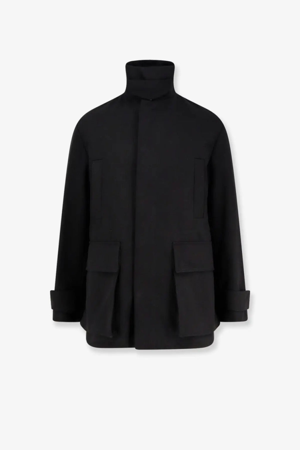 Hevò men’s castel del monte black cotton trench coat with high neck two large patch pockets and rolled cuffs