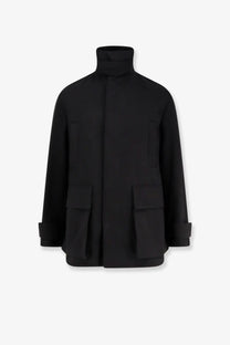Hevò men’s castel del monte black cotton trench coat with high neck two large patch pockets and rolled cuffs