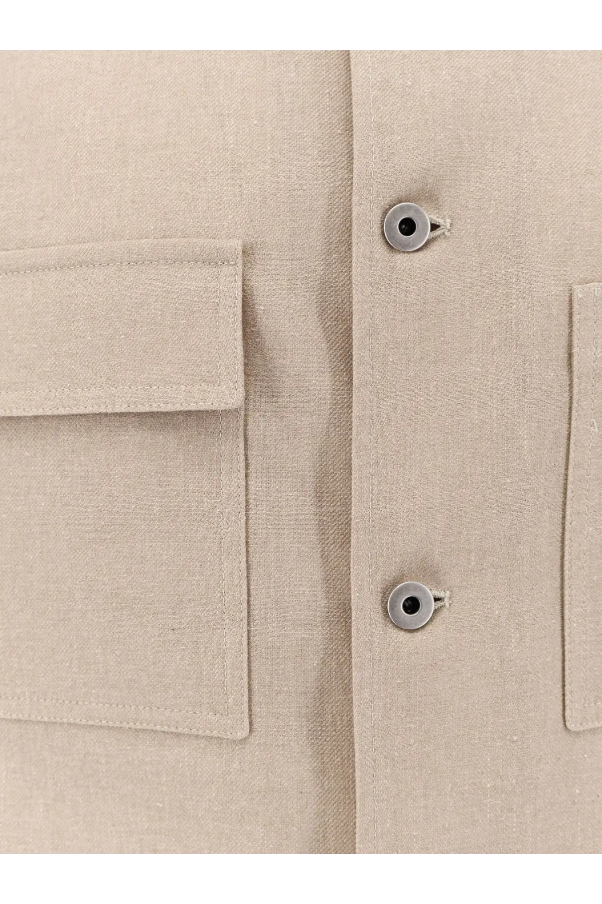 Beige linen shirt with silver toned buttons and flap pockets paired with hevò mens castelluccio green cotton and linen jacket