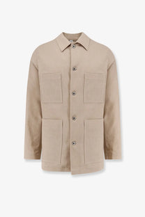 Bevò men s castelluccio beige cotton and linen utility jacket with four flap pockets and button closures