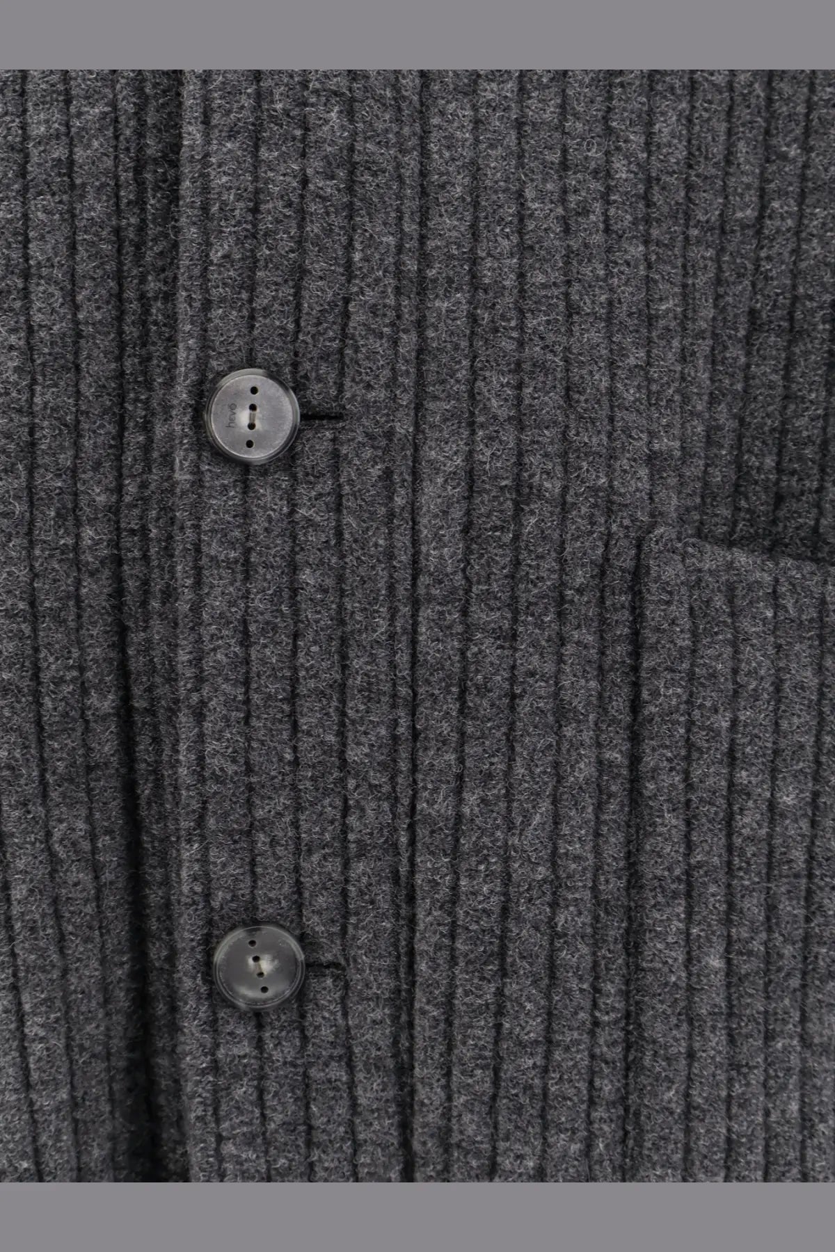 Hevò men’s cimino dark gray ribbed knit virgin wool cardigan with silver-toned buttons front view