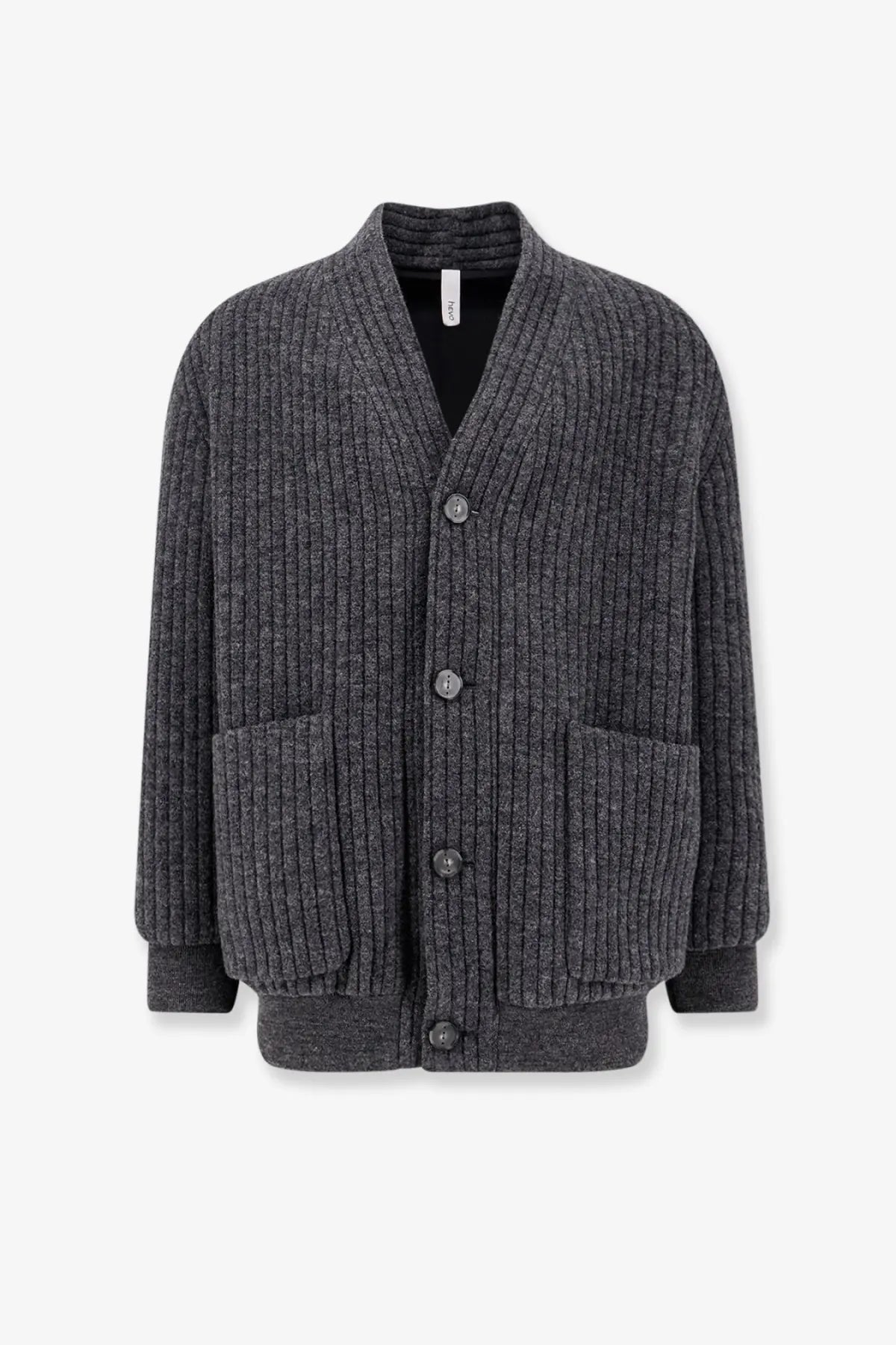 Hevò men’s cimino dark gray ribbed knit virgin wool cardigan with v-neck button closure and two front patch pockets