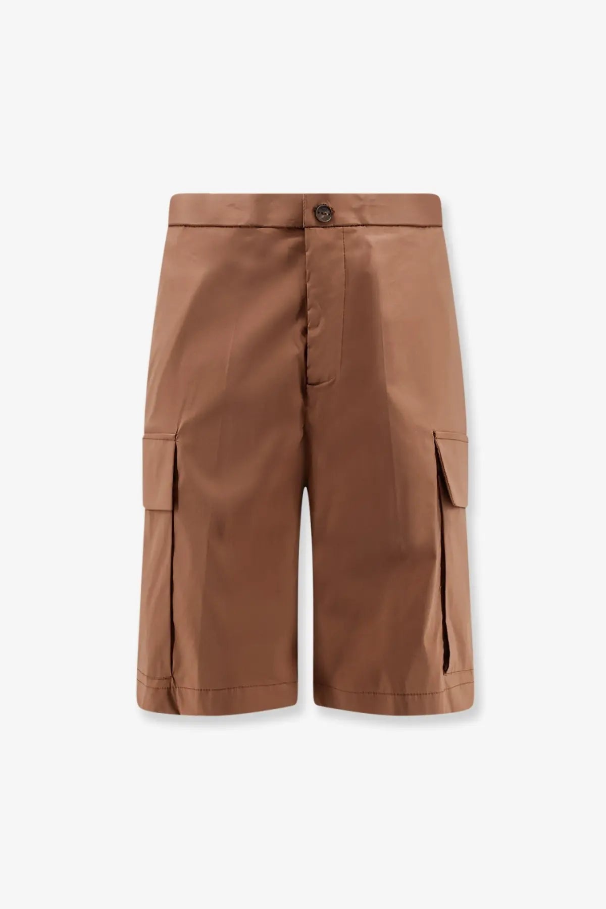 Hevò men’s brown cotton blend bermuda shorts with tan cargo style button closure and side pockets